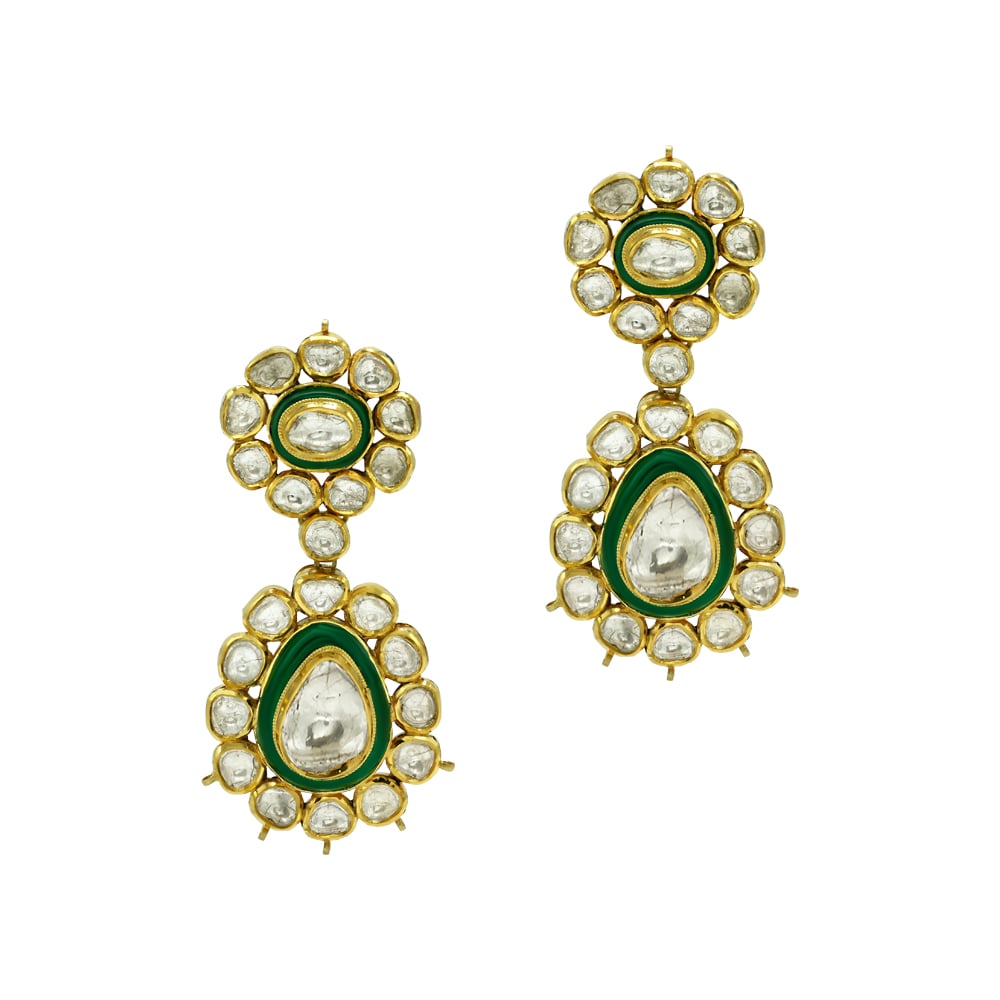 Polki Necklace Set with Green Enamel and Layered Design